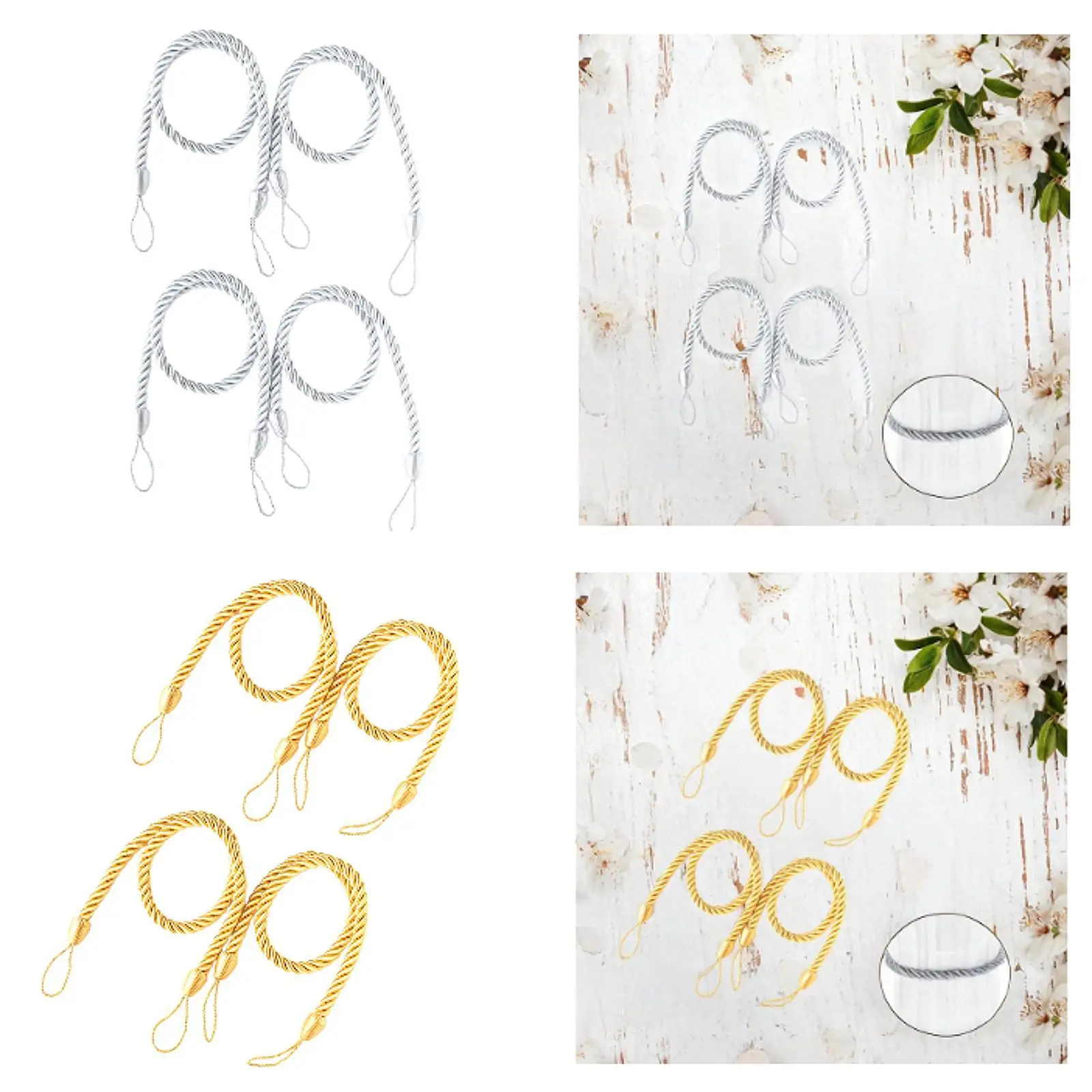 4x4 Pieces Twisted Curtain Tie Backs Ornament for Bedroom Kids Room Study Room Gray