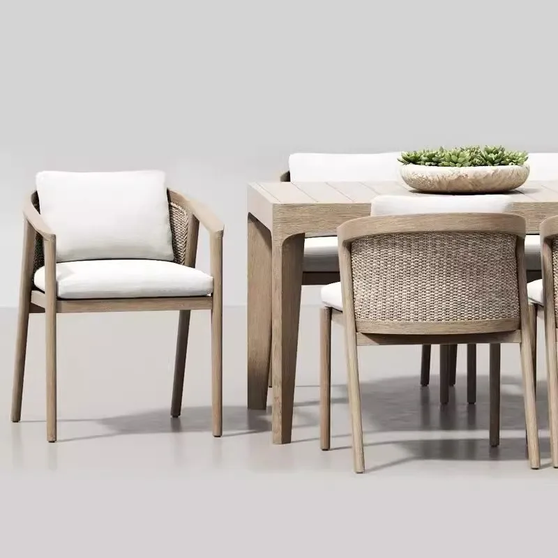 Modern luxury solid teak rope back, outdoor color dining table and chairs