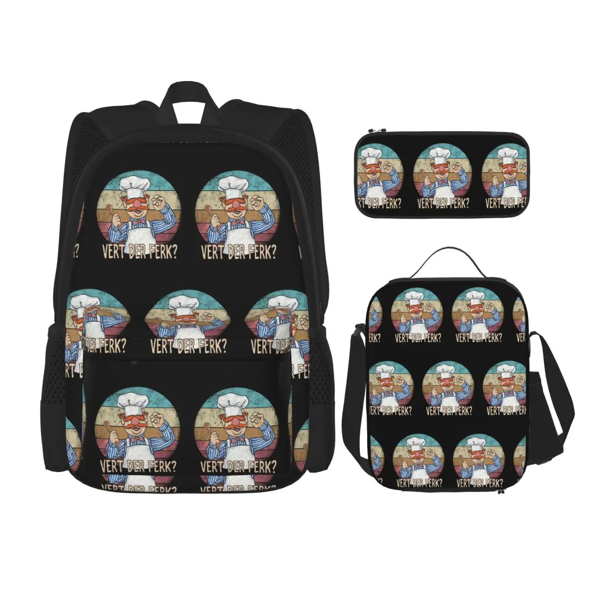 

The Swedish Chef Backpacks Students Bookbag School Bags Rucksack Lunch Bag Pen Bag Three-Piece Set