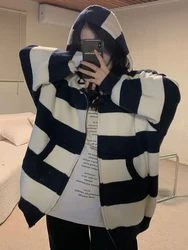 Autumn Stripe Cardigan Women Korean Fashion Knitted Sweater Female Sweet Hooded Knitwear Coat Lady Casual Loose Zip Up Cardigans