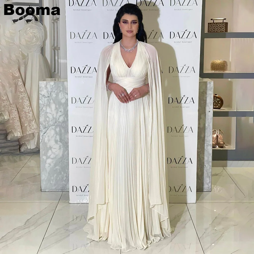 

Booma Ivory Chiffon Saudi Arabia Evening Dresses V Neck Cape Pleat A Line Wedding Party Dresses for Women Formal Events Gowns