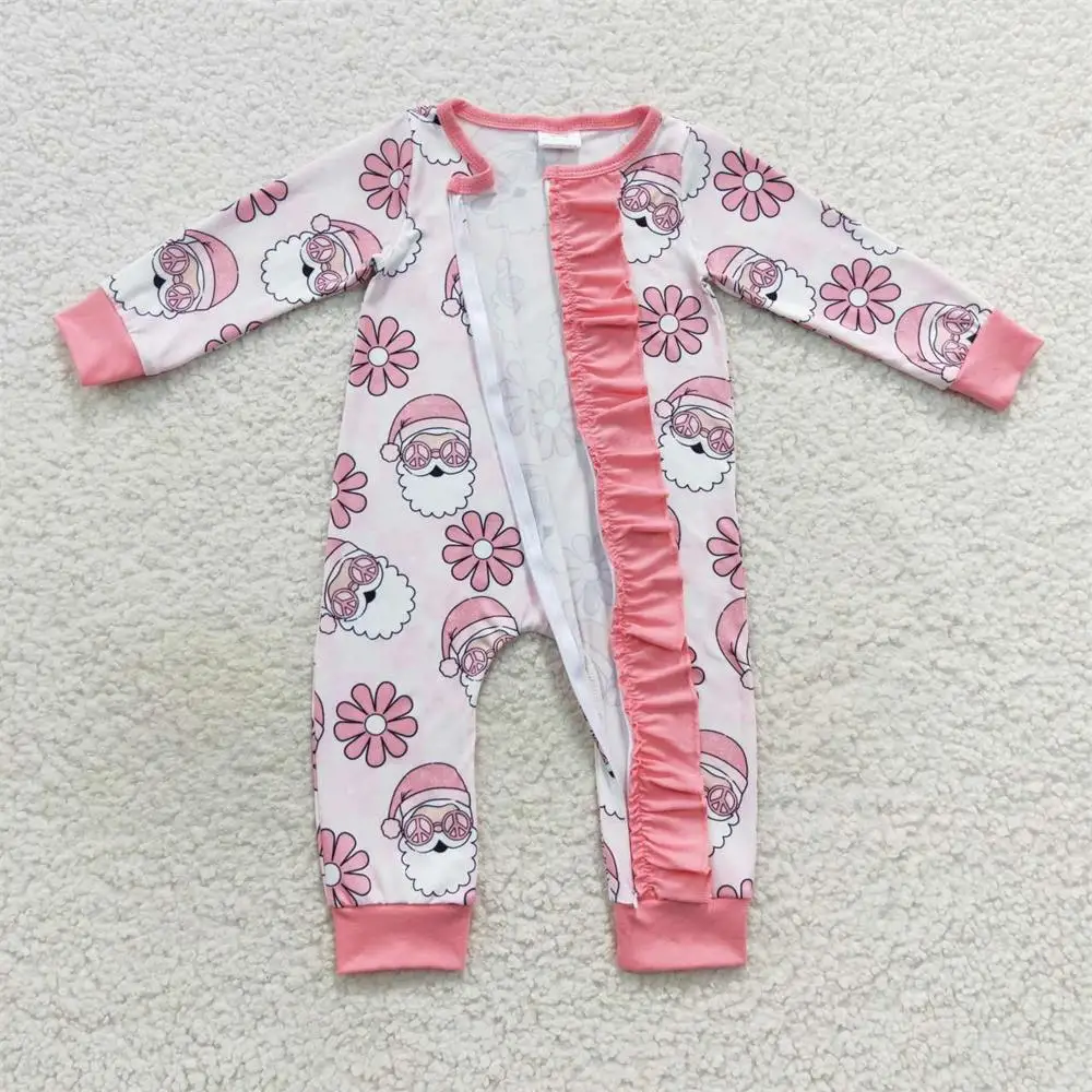 Wholesale Kids Children Newborn Toddler Flower Zipper Romper Baby Girl Pink Long Sleeves Christmas Santa Floral Jumpsuit