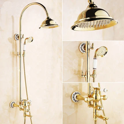 Shower Faucets Luxury Gold Brass Bathroom Shower Faucet Set Rainfall Head Single Ceramic Handle Tub Mixer Shower Tap S