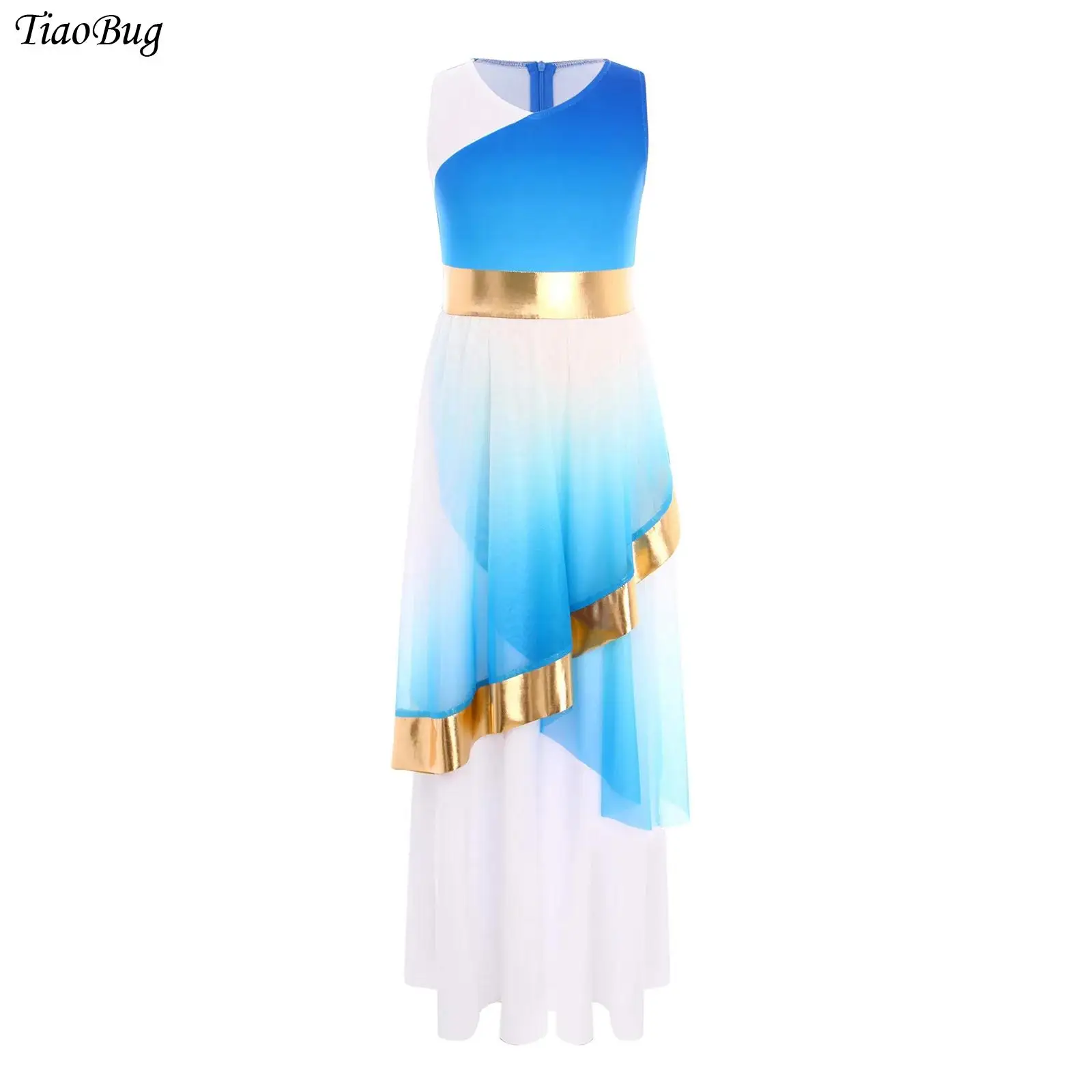 

Girls Liturgical Praise Dance Dress Choir Worship Dress Gradient Color Sleeveless Metallic Irregular Mesh Lyrical Dance Costumes