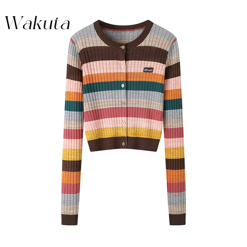 WAKUTA Vintage Fall O Neck Long Sleeve Striped Top Chic Dopamine Wear Stamped Rhinestone Embellished Tanks Street Style Cardigan