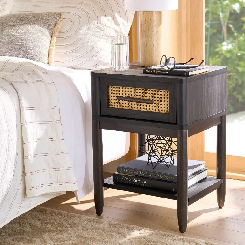 Caning Night Stand, Charcoal Finish,Easy-glide drawer,Lower shelf for additional storage,22.64