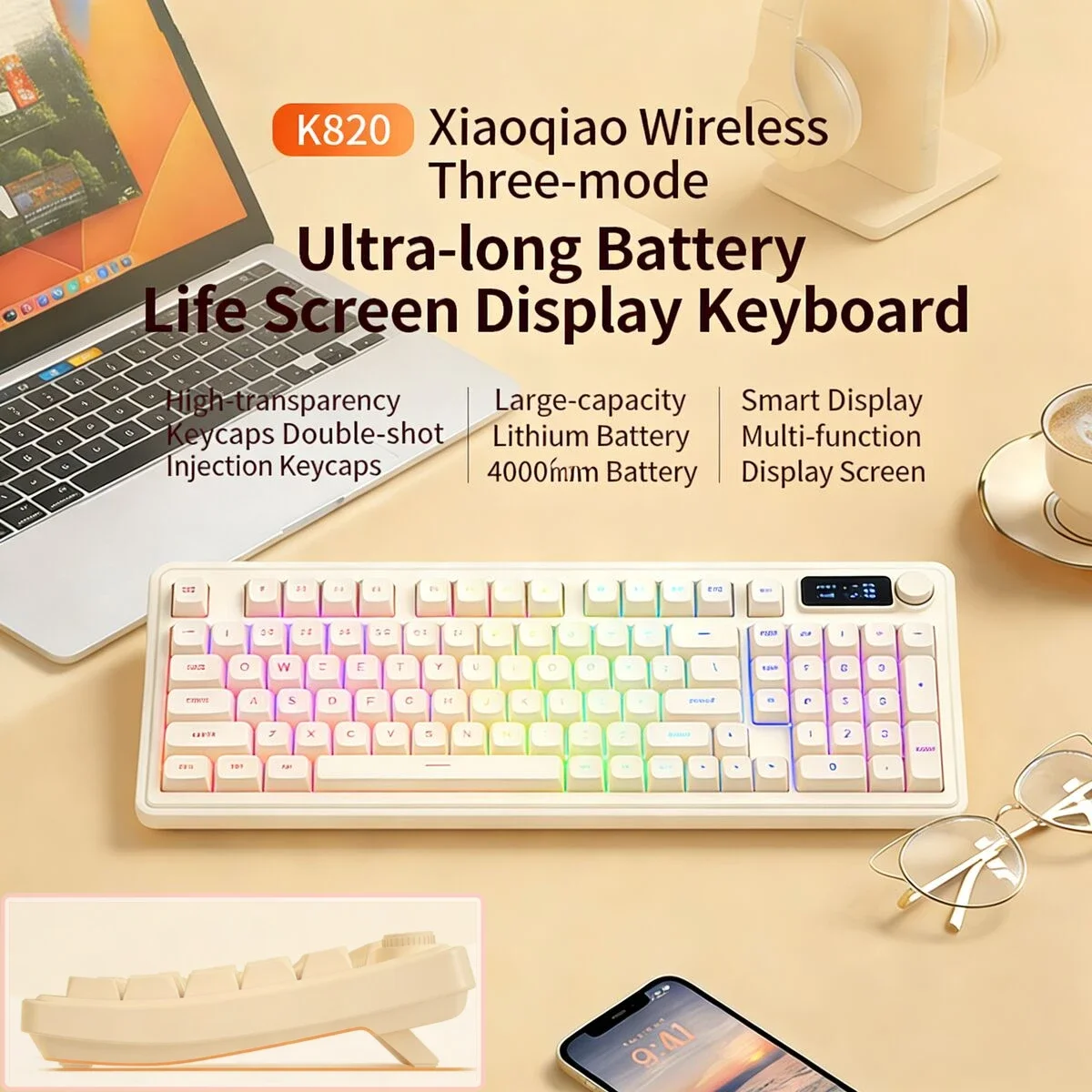 

Креативная эргономичная клавиатура с низким профилем и тремя режимами подключения (проводной + 2.4G + Bluetooth), с подсветкой и несколькими поворотными регуляторами, для телефона, ПК, планшета