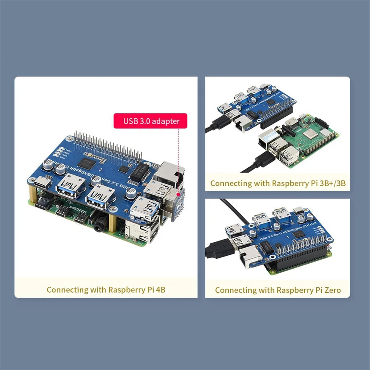Per scheda di espansione Raspberry Pi USB 3.2 Gen1 e Gigabit Ethernet HUB HAT 3 X USB 1 X Gigabit