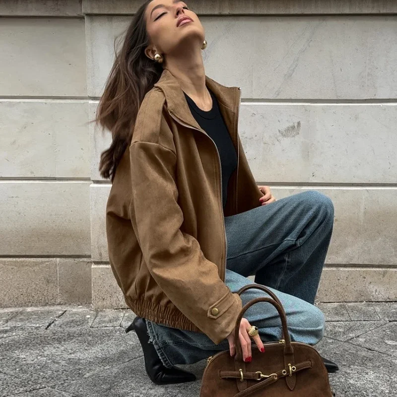Fashion Zipper Short Jacket Women's Casual Lapel Collar Suede Full Sleeve Pocket Coat 2025 Lady Autumn Commuting Jackets