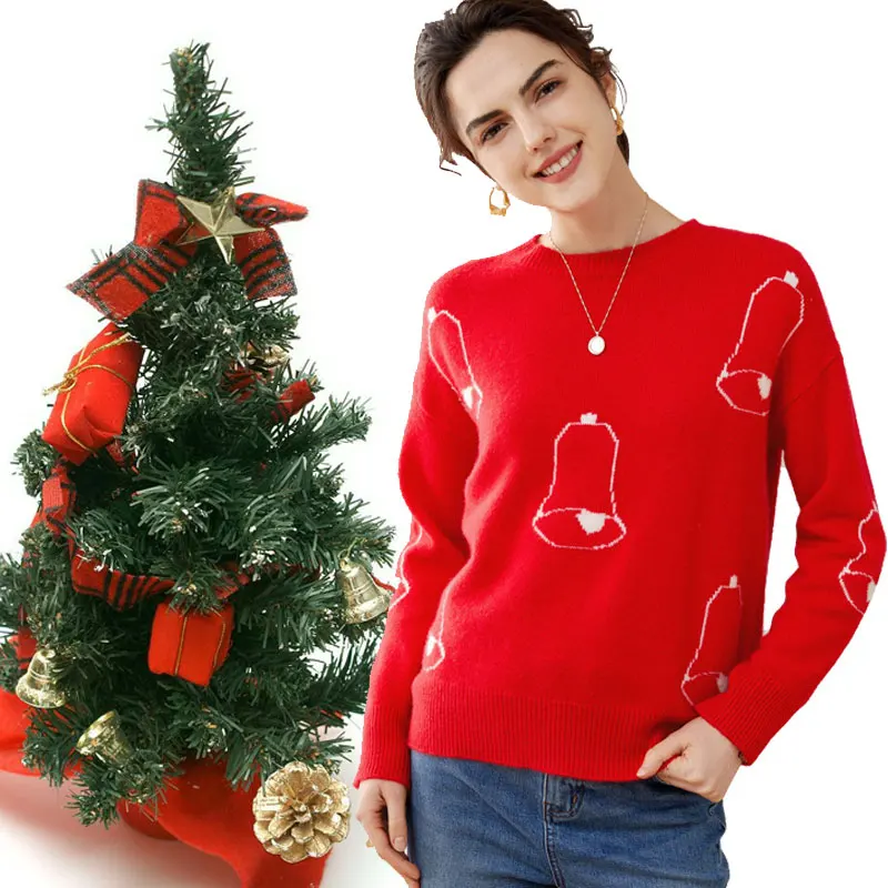 Holiday Party New Year Red Women Clothes Cashmere Christmas Sweater Loose Xmas Knit Top Pullovers Christmas Bells