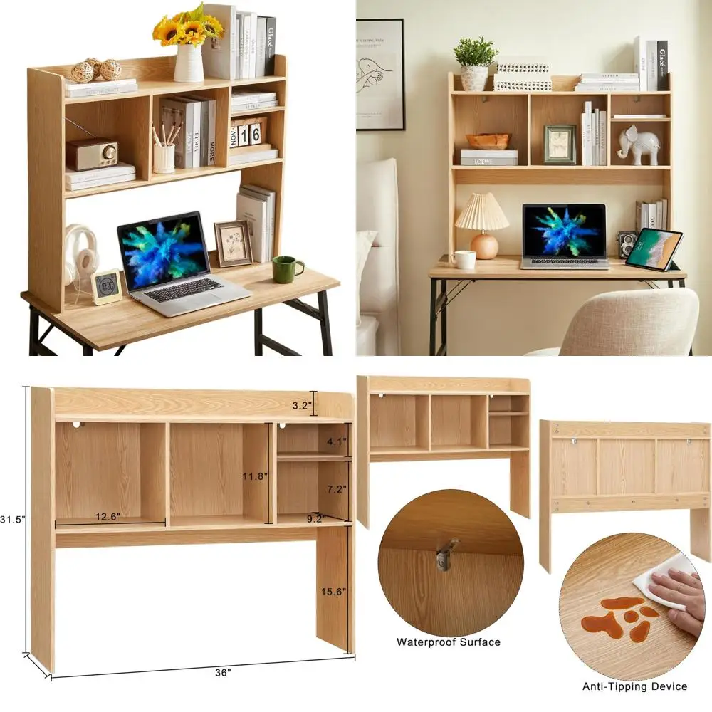 

Wooden 6-Shelf Desk Storage Hutch for Office and Home, Natural Finish, 3-Tier Display Organizer Rack