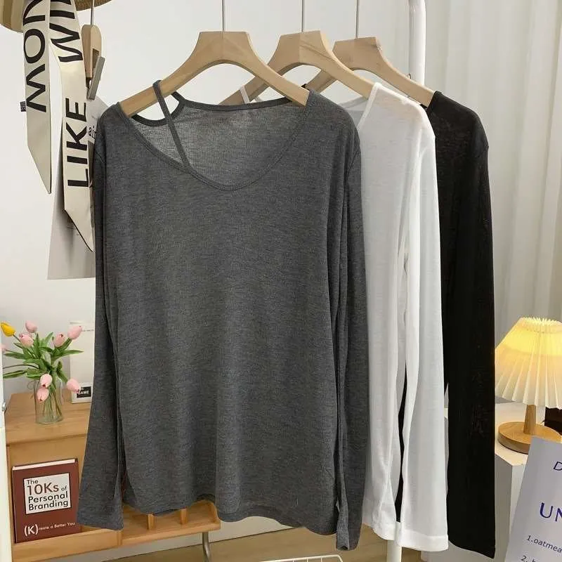 

Off-oulder Ice Silk Long Sve T-irt Women's Summer Thin Regular Fit Color Knitted Sweater Versatile Casual Top