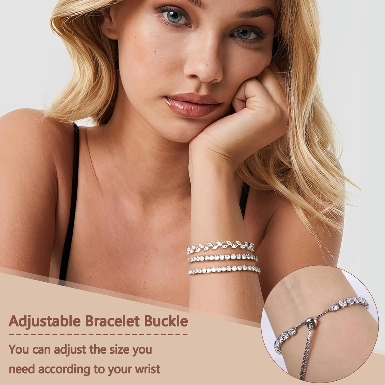 Bobisty 3Pcs Bracelets For Women Stack Cubic Zirconia Bracelets CZ Adjustable Bracelets Set For Wedding Jewelry Gift