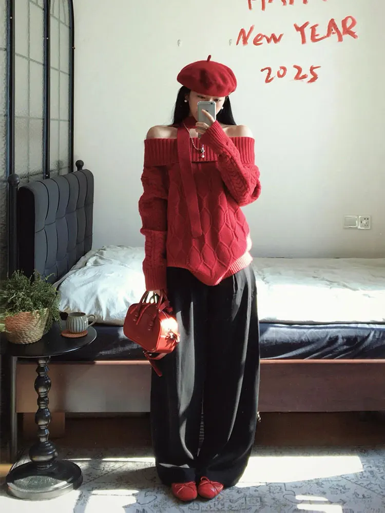 Cisas Neujahr Rot Sa Lose Weiche Damen Strickpullover oulder Bared Lazy Sle Herbst Winter Lässige Rautenmuster...