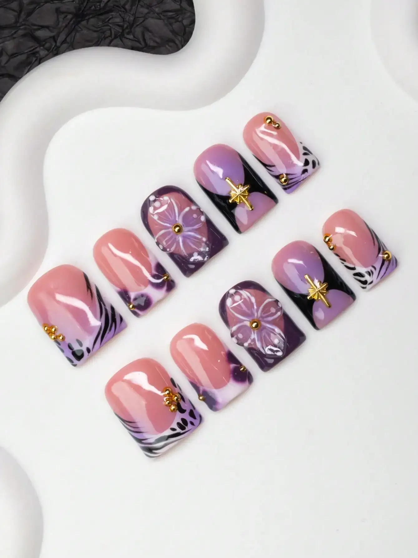 10pcs/Set Handmade Square Nail Tips, Y2K Baddie Style, Nude & Purple Color With French Edge, Carved Flower, Star, Leopard, Zebra