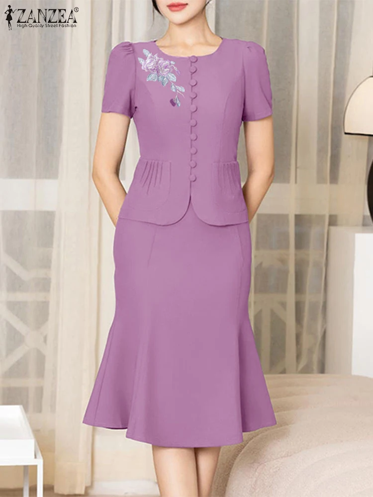 ZANZEA Formal Dress Sets Women Summer Short Sleeve Print Shirts and Ruffled Mermaid Skirts 2 Piece Outfits Elegant 2PCS Suits