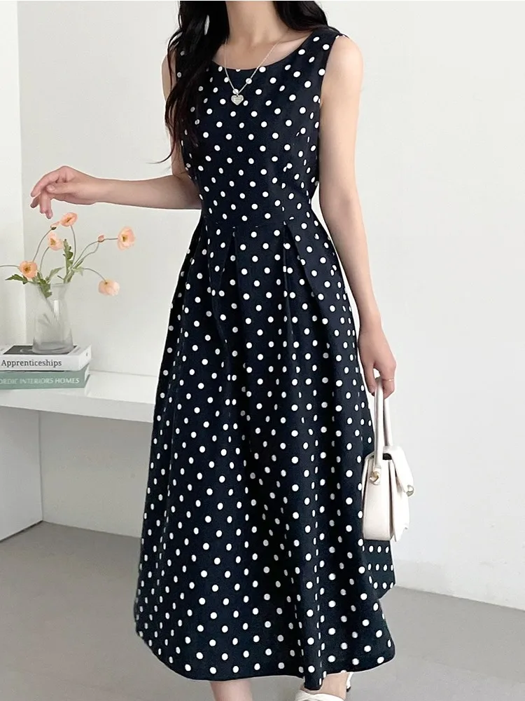 

Summer Polka Dot High Waist Pleated Dr Women's Faion Commute Sle Splice Long Vest Dr Agel Design Casual Wear