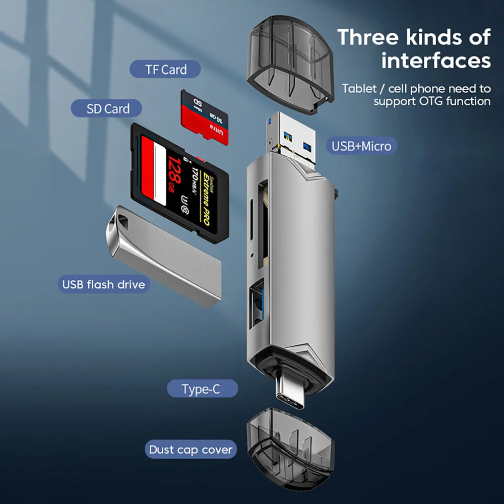 Lecteur de carte multifonctionnel OTG Type C SD TF, 7 en 1, USB 3.0, adaptateur de clé micro USB, transfert haute vitesse 5Gbps