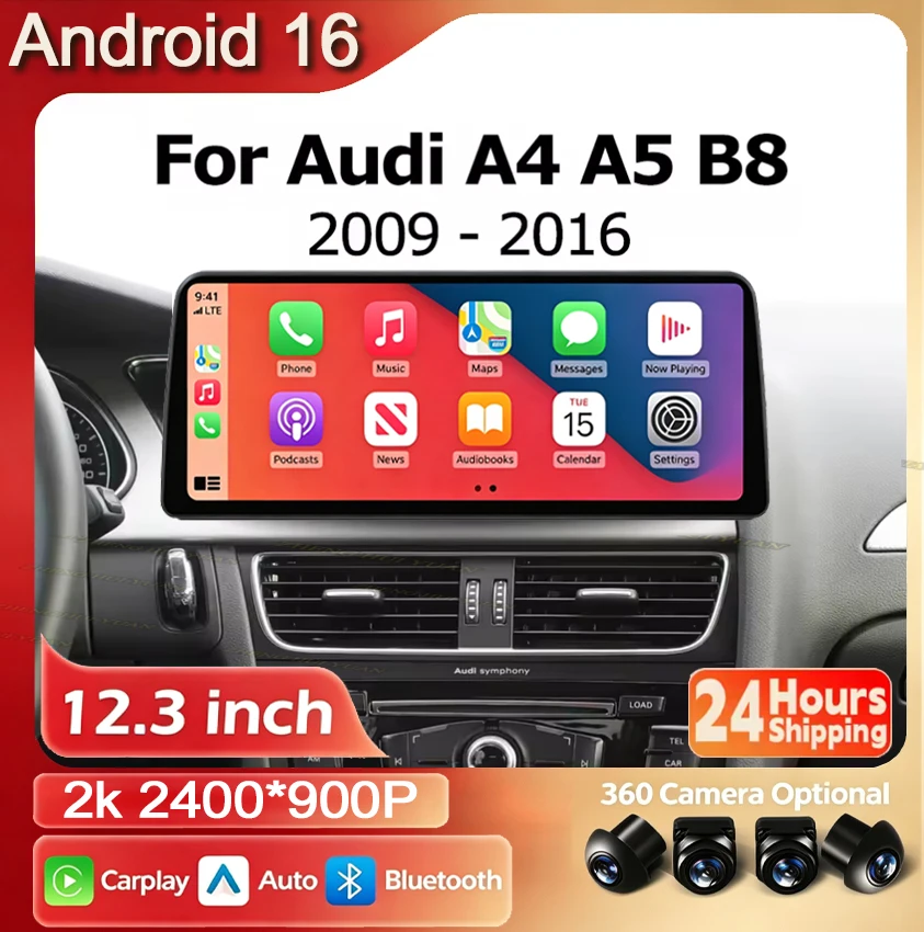 Android 16 Carplay 12.3 inch For Audi A4 A5 B8 2009-2016 Lntelligent Multimedia Touch Screen Auto GPS Navigator WIFI 2400 900P