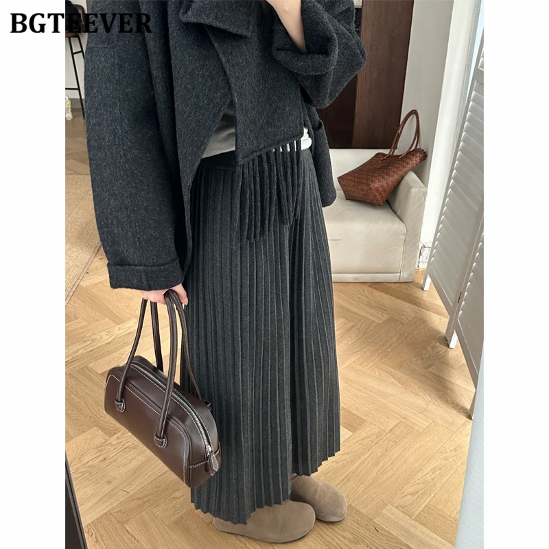 BGTEEVER Autumn Winter Elastic High Waist Ladies Solid Knitted Mid-Length Skirts Elegant Loose Women Pleated Sweater Dress