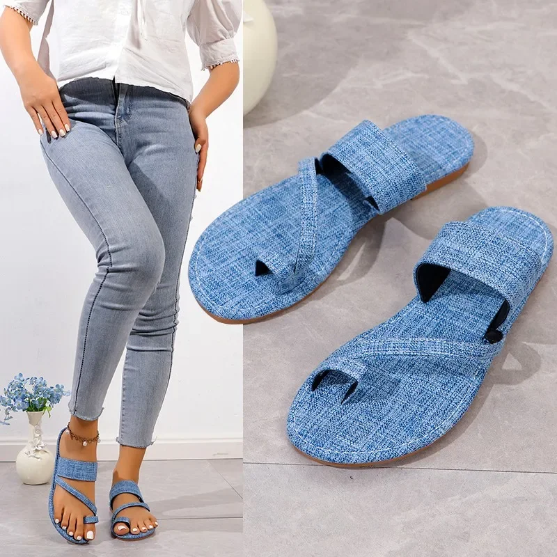 Classic Women Denim Slippers Peep Toe Flat Heels Metal Decor Designer Ladies Mules Brand Runway Slides Women Sandalias Sz36-43