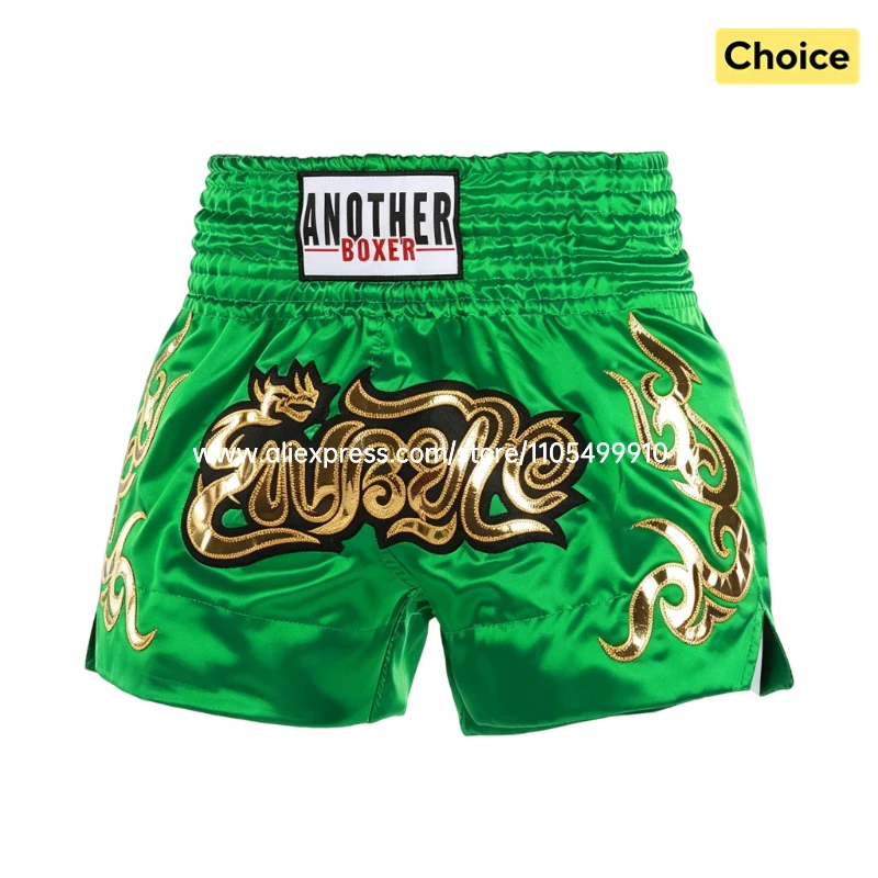 Premium Satin Boxershorts für Herren, Damen und Kinder – Grün-Goldene Muay Thai Shorts für MMA Training, Wettkampf und Kickboxen – Sportbekleidung