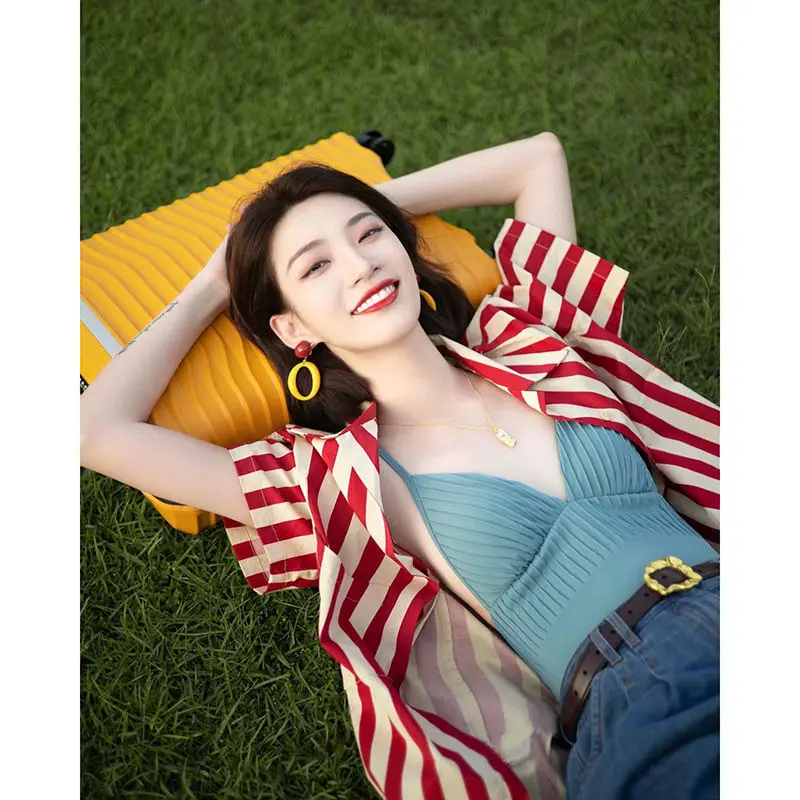 

Women Summer Simplicity Office Lady Striped Polo Collar Short Sleeve Shirts Ladies Fashion Temperament All-match Vacation Tops