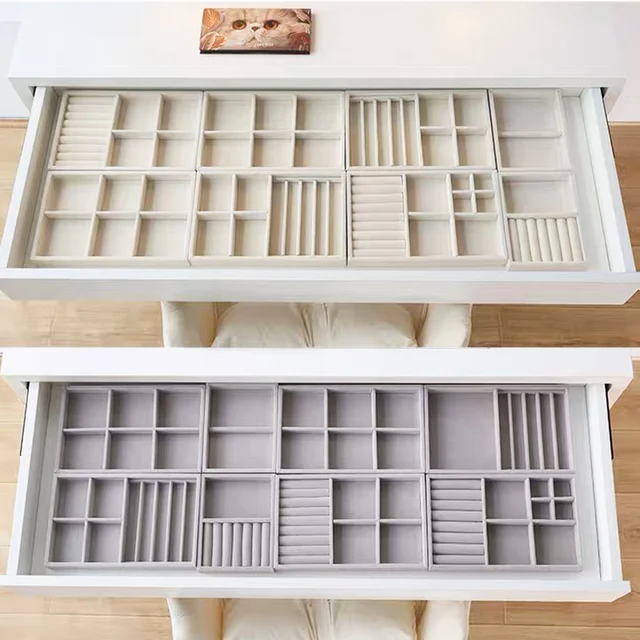 Velvet Jewelry Tray Display Case Portable Holder Earring Necklace Packaging Box Grey Beige Stackable Jewelry Organizer Boxes 3