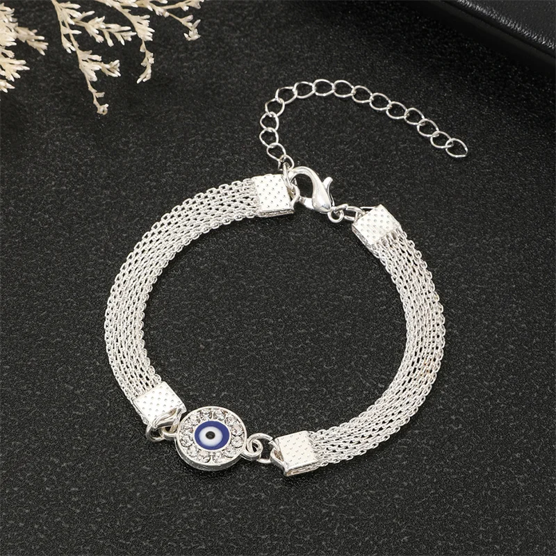 Retro Evil Eye Rhinestone Silver Color Bracelet for Women Men Lucky Jewelry Link Chain Party Office Wrist Accessories