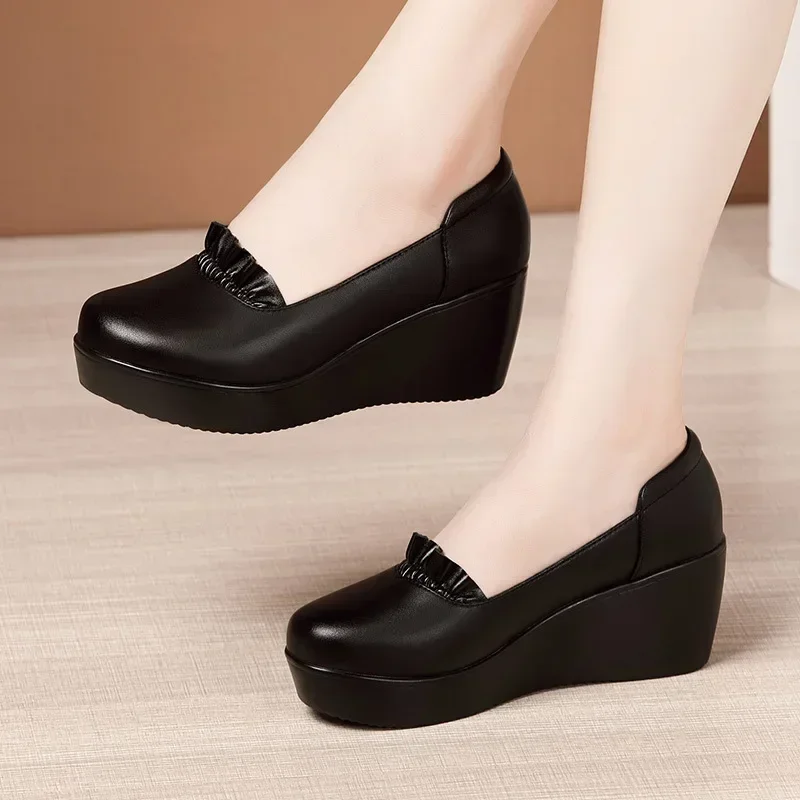 6cm Small Size 32-43 Comfortable Breathable Shallow Soft Leather Loafers 2025 Spring Med Heels Platform Wedges Shoes office Mom