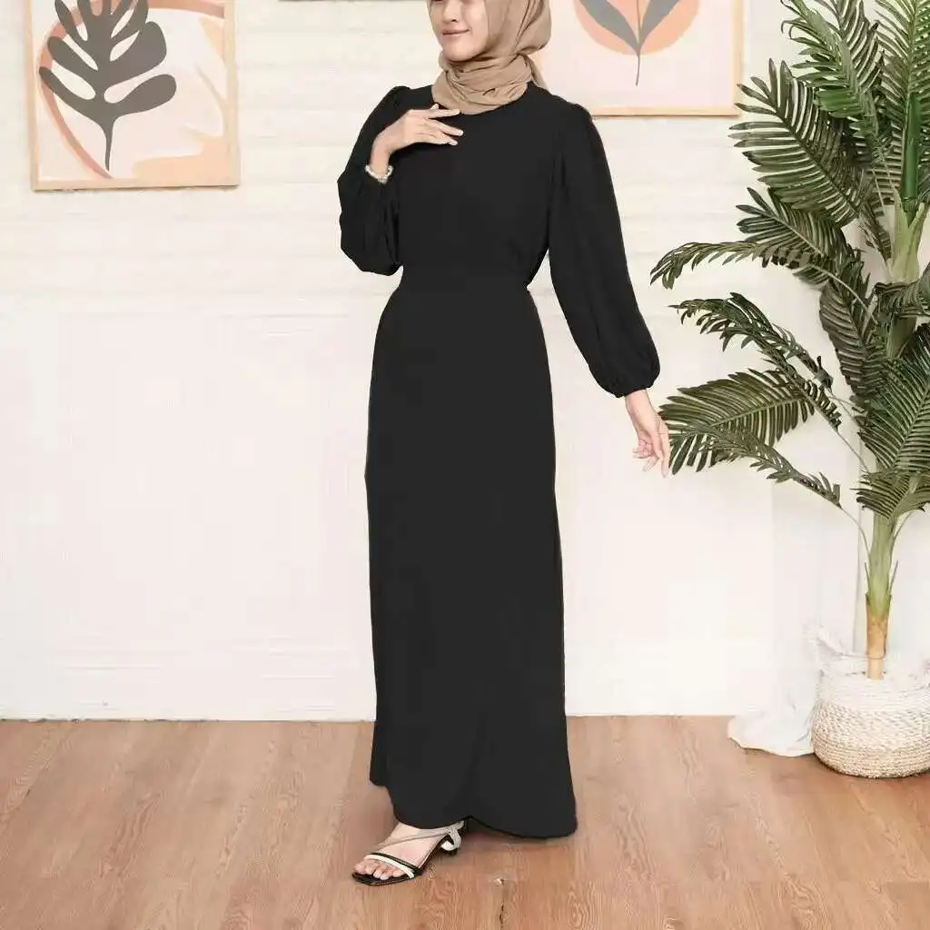 เสื้อผ้ามุสลิม Robe ใหม่ฤดูใบไม้ผลิ/ฤดูร้อนสีทึบแขนฟองเข็มขัดชุด Robe Abaya Ramadan ดูไบหรูหราอิสลาม Elegant