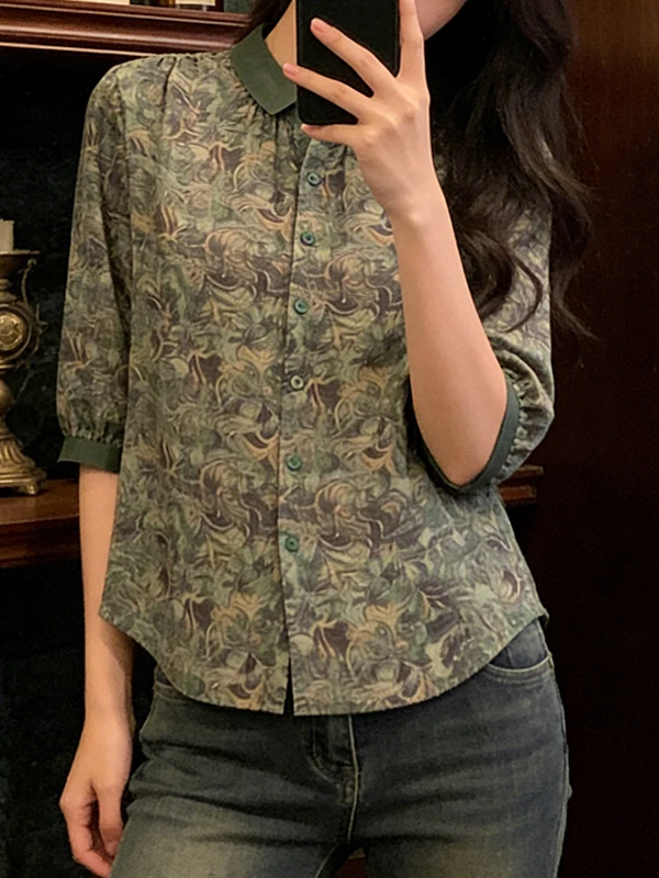 

plus Size Green Floral Print Shirt Women's Summer New Style Slimming High-End Feelings Age-Reducing Short-Sleeved Turn-down C...