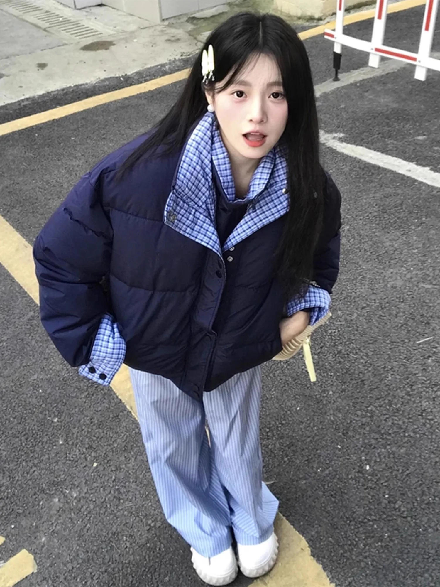 

Tall Men's Blue Plaid Patchwork down Cotton Jaet Thiened Winter Coat Bread Sle Casual Youth Faion Warm Outerwear