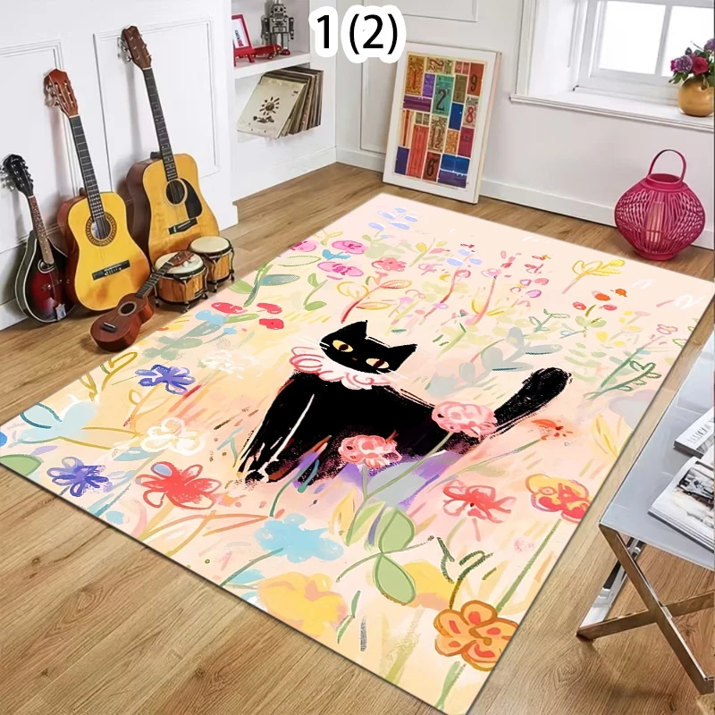 Black Cat & Flower Area Rug Non-Slip Washable Floor Mat with Watercolor Print  Themed Carpet for Bedroom 