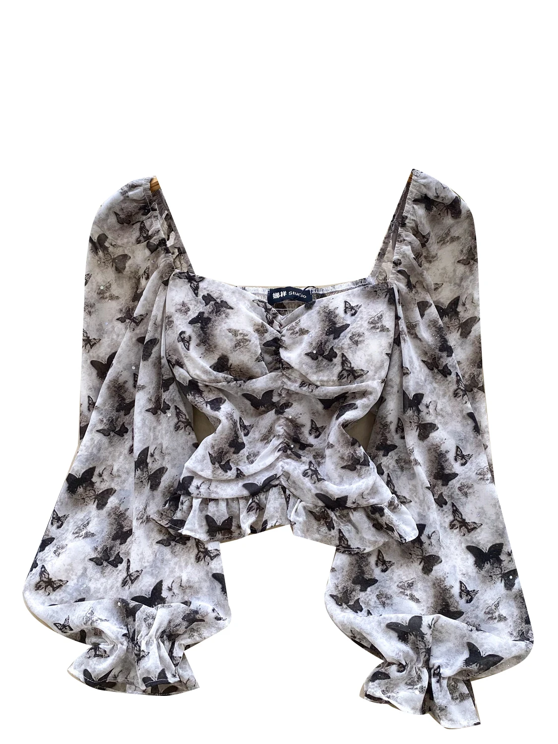 花柄装飾付きレディースシフォンシャツ スクエアカラー ギャザーウエスト ランタンスリーブ ショートトップ 韓国風 ルーズフィット 長袖