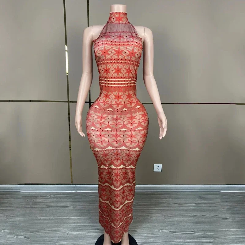 새로운 여성 파티 웨딩 축하 의상 레드 라인스톤 롱 드레스 무대 캣워크 가운 의상 축제 의상 클럽웨어