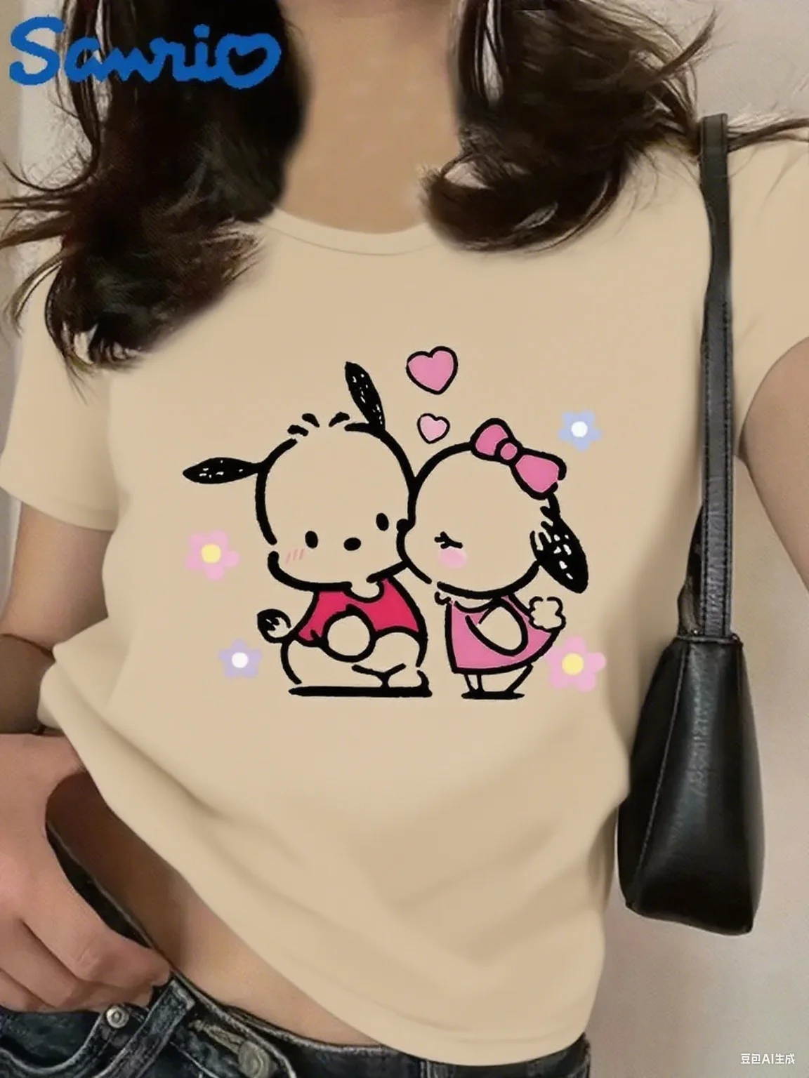Pochacco Sanrio Cotton Tee الساحرة زوجين Pochacco التوضيح مع القلوب والزهور طباعة القطن الخالص الناعم للمناسبات غير الرسمية