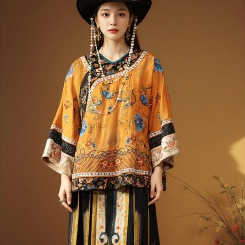 

Retro national style heavy embroidery new Chinese round neck with inclined plate wife dress blouse