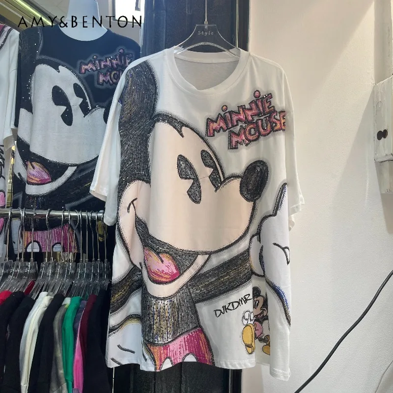 

2026 Summer New Heavy Sequin Cartoon Short Sleeves T-shirt For Women's Loose Casual Oversized Top Round Neck Tshirts Pullover