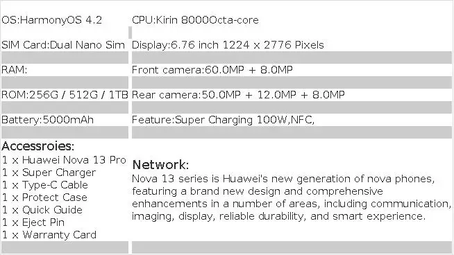 Huawei Nova 13 Pro 5G Mobile Phone 6.76" 120Hz Display Kirin 8000 50MP Camera 5000mAh Battery HarmonyOS 4.2 Smartphone