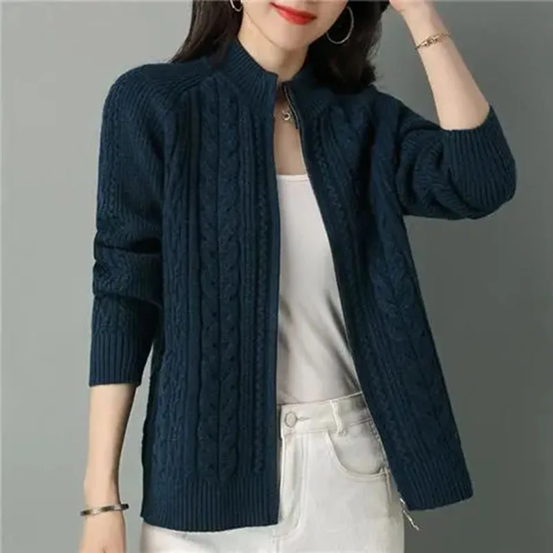 Meia gola alta com zíper de malha cardigan jaqueta feminina outono novo estilo cor sólida manga raglan cardigans engrossar casaco de camisola