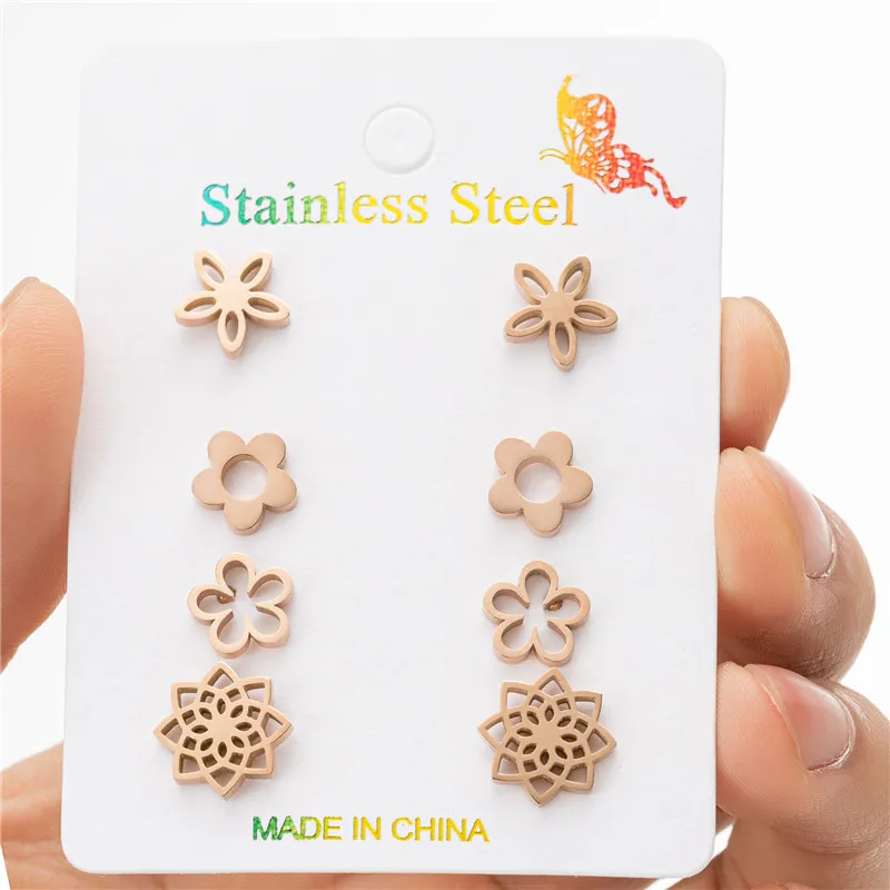 4Pairs/Lot Exquisite Small Flower Earrings for Women Fashion 2025 Bijoux Stainless Steel New In Earrings Party Wedding Jewelry