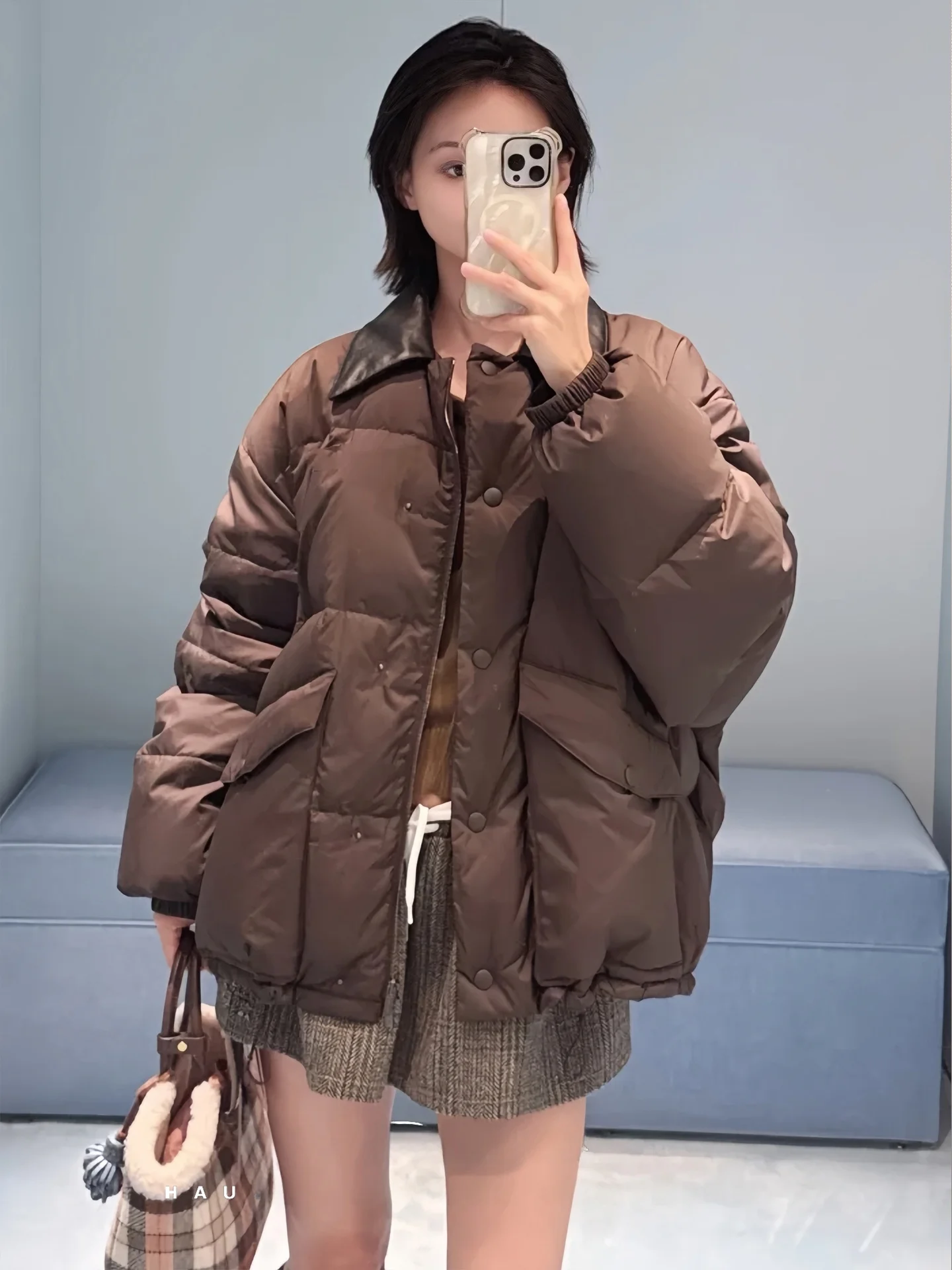 

TWELVE VITA Thickened Letter Patchwork Leather Collar down Jacket Bread Coat Winter Outerwear Women's Commute Style Korean Lo...