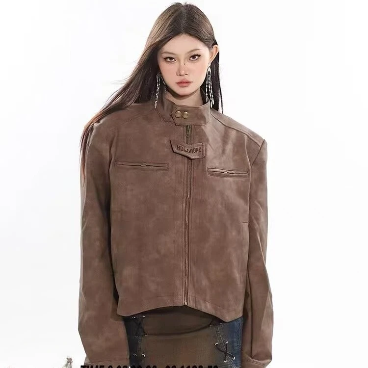 American Retro Autumn Short Motorcycle Suit Leather Jacket for Women 2024 New Popular Leather Jacket