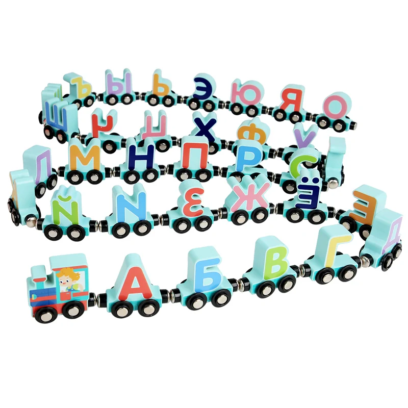 Wooden Magnetic Arabic Small Train Children's Russian Letter Assembly Dragging Block Toy Train