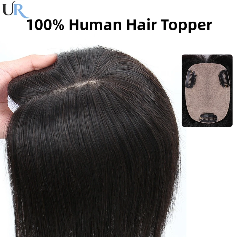 Seda Base de Cabelo Humano Topper para Mulheres Perucas, Clip Toppers, Substituição De Cabelo Liso, Prótese De Cabelo, Cabelo Natural