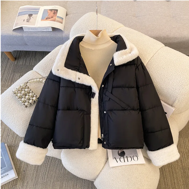 Women's Down Cotton Jacket 2026 Winter Fashion Splicing Female Coats Versatile Lamb Wool Elegant Ladies Clothes Cotton Outwear