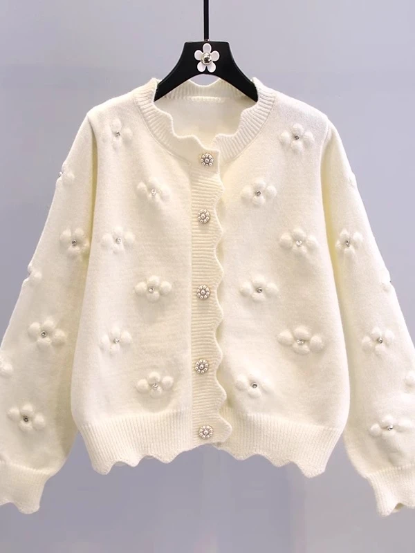 

White Soft Knitted Flower Patterned Open Cardigan Women's Spring Autumn New Style Loose Fit Long Sleeve Polyester Fiber