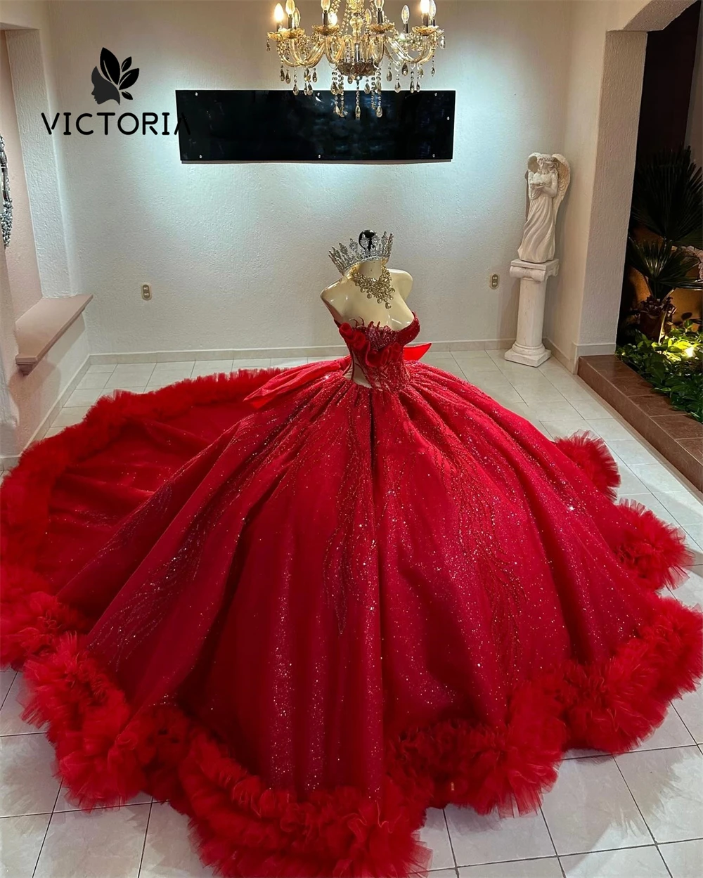 

Sparkly Red Ruched Strapless Quinceanera Dresses Beads Tulle Ruched Train Ball Gown With Bow Mexican Wedding Dress Customized