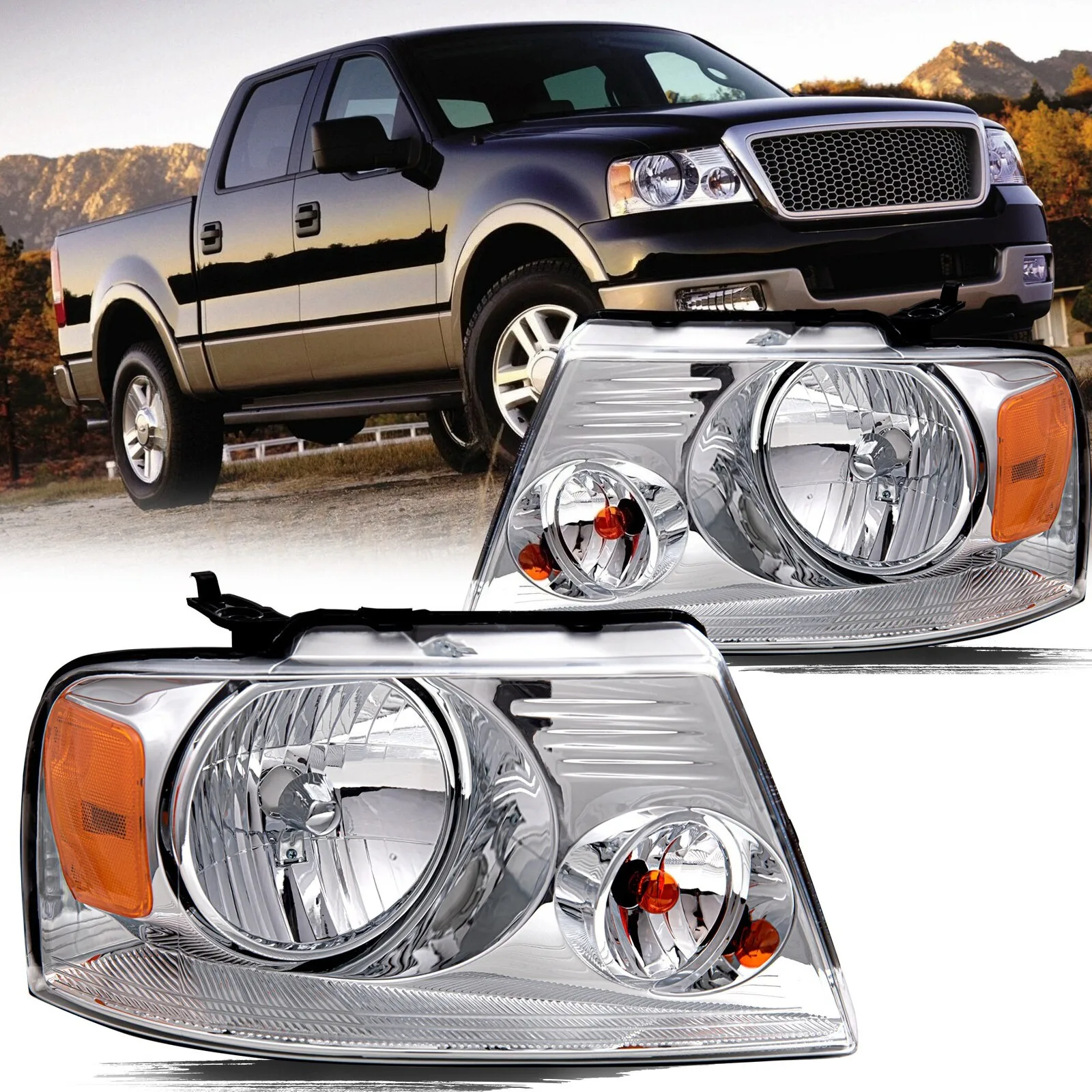 

For 2004-2008 Ford F150 Chrome Housing Amber Corner Headlights Lamps Pair L+R